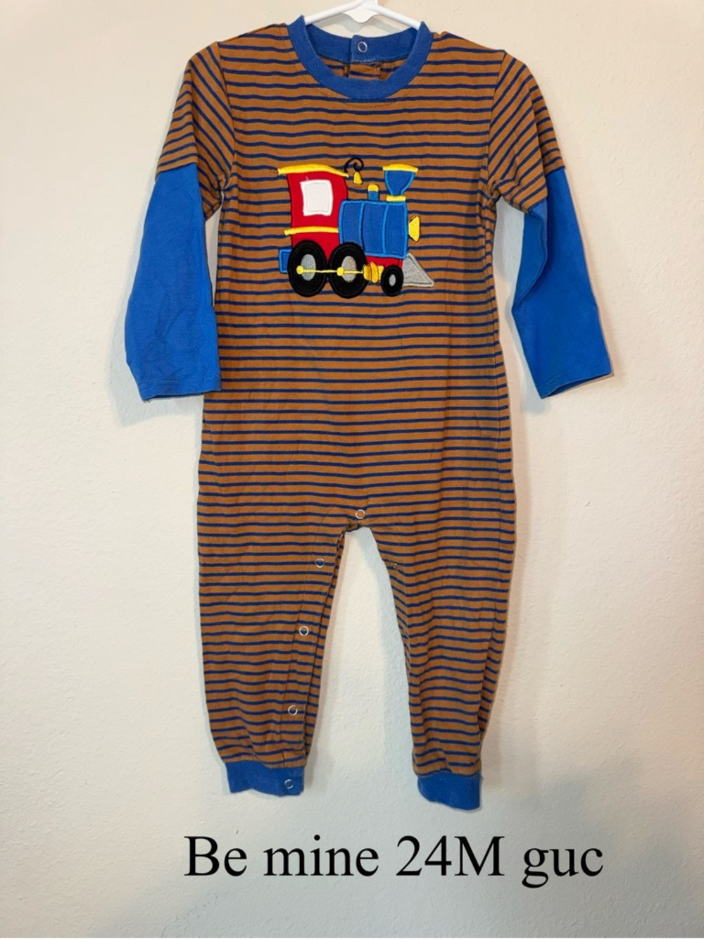 Striped Train Appliqué Footed Romper - Blue & Brown